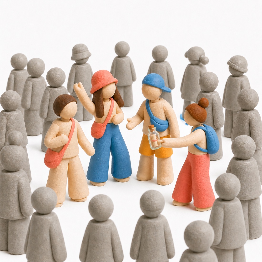 People moving through a crowd, passing messages
